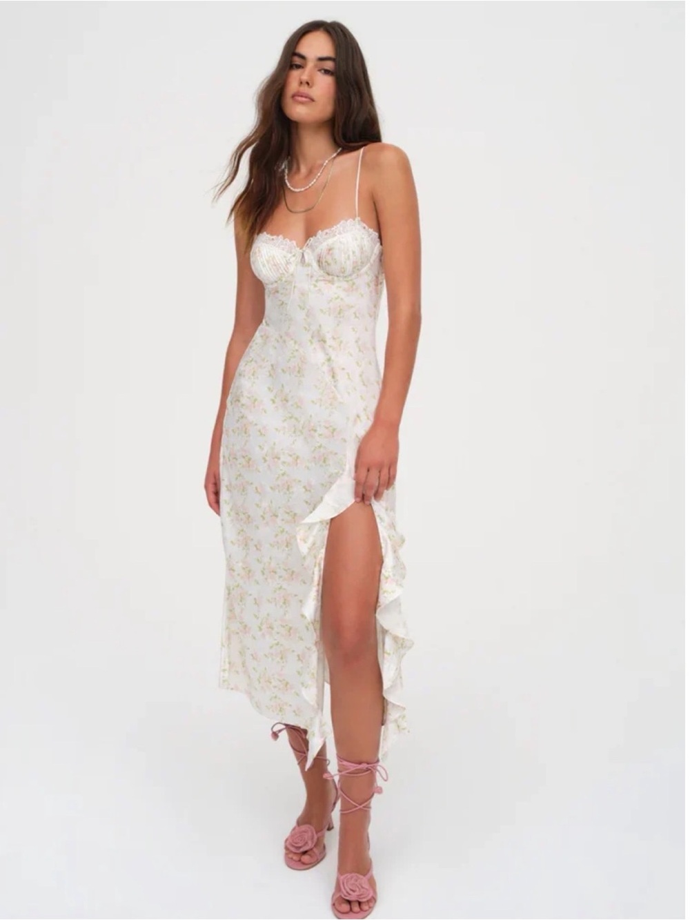 For Love & Lemons Ivory Floral Midi Slip Dress with Ruffle Slit